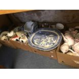 A Willow pattern pottery meat plate, assorted teawares and other ceramics (4 boxes)