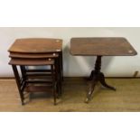 A 19th century mahogany tripod table, 72 cm wide, and an Edwardian inlaid mahogany nest of three