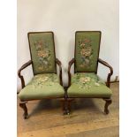 A pair armchairs, with needlework backs and seats, on cabriole front legs with pad feet (2)