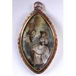 A George III pendant, of navette form, painted a lady seated, with a standing musician, in a