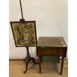 An early 19th century mahogany work table, on reeded legs, reduced in height, 90 cm wide, and an