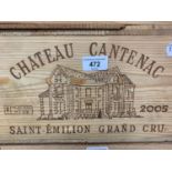 Twelve bottle of Chateau Cantenac, Saint Emilion Grand Cru 2005, in own wooden case From a