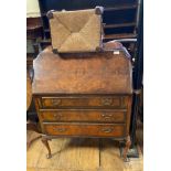 A 19th century mahogany dressing mirror, 60 cm wide, pokerwork table, a prie dieu chair, a stool