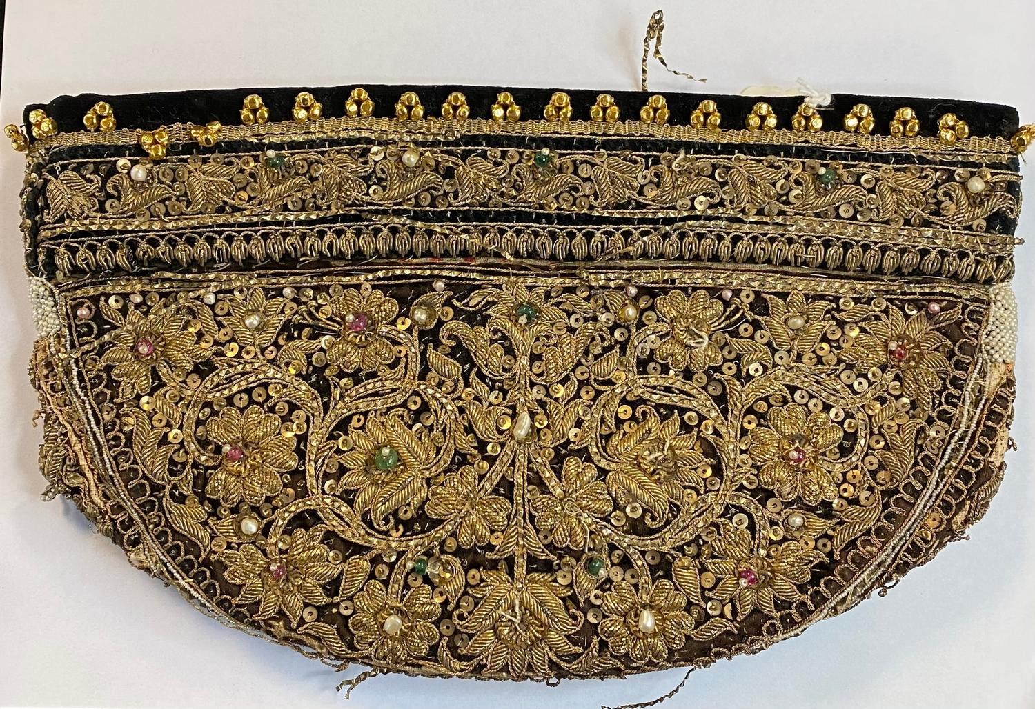 An Indian velvet cap, with gold thread decoration applied gems, 27.5 cm wide See illustration - Image 2 of 2