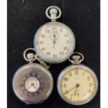 A silver half hunter pocket watch, an open face pocket watch, and a stop watch (3)