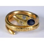 A yellow coloured metal, sapphire and diamond serpent ring, of good gauge, approx. ring size O½,