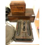 A Victorian rosewood writing slope, bound in brass, 41 cm wide, an inlaid walnut tea caddy, 22 cm