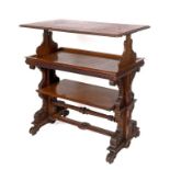 An oak rise and fall three tier dumb waiter, the top with parquetry inlaid decoration, 107 cm wide