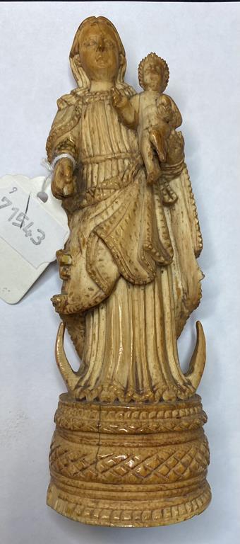 A Goan carved ivory group, the Madonna and Child, probably late 18/early 19th century, slight