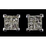 A pair of 18ct gold and invisible set princess cut diamond stud earrings, with screw backs, the