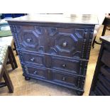 A 17th century oak chest, of small proportions, in two parts, having three drawers with geometric