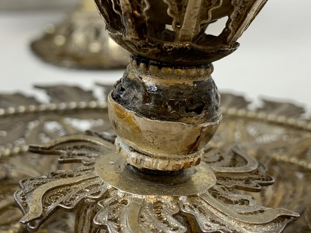 An Indian pair of silver coloured metal filigree work rosewater sprinklers, 34 cm high, and three - Image 8 of 11