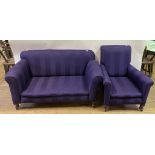 A drop end settee upholstered in purple fabric, and an armchair in matching upholstery (2)