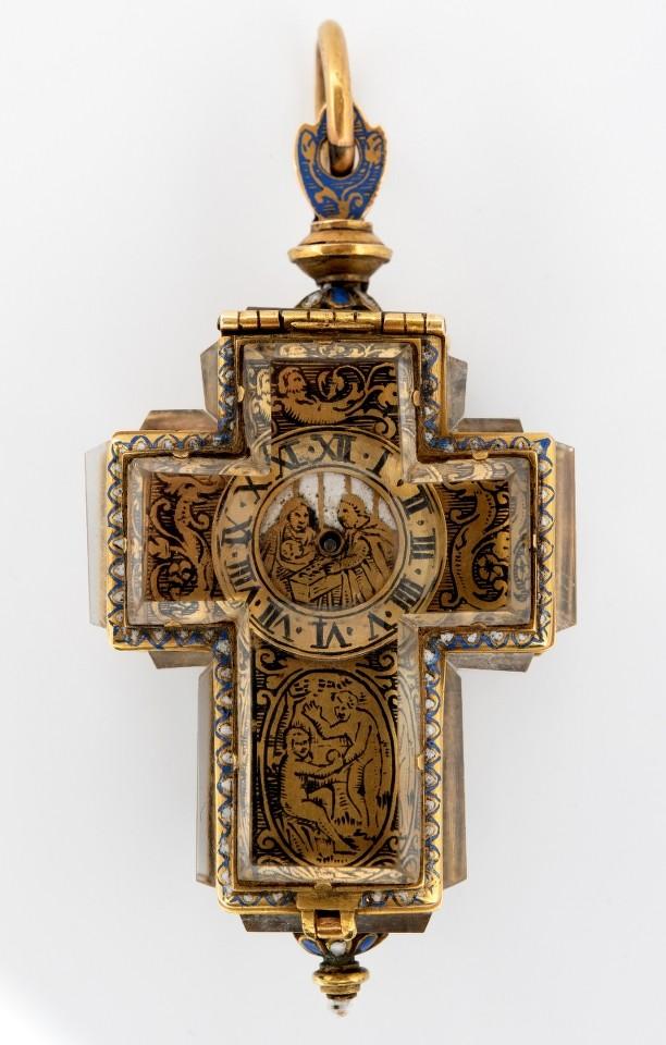 A 17th century cruciform jewel watch, the 1.8 cm diameter chapter ring with Roman numerals, centered