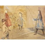 20th century, children playing with a skipping rope, mixed media, 38 x 49 cm