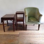 A mahogany washstand, 73 cm high, a Pembroke table, 64 cm wide, and two armchairs (4)