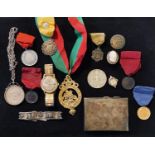A silver cigarette case, various costume jewellery, medals, and commemorative coins (box)