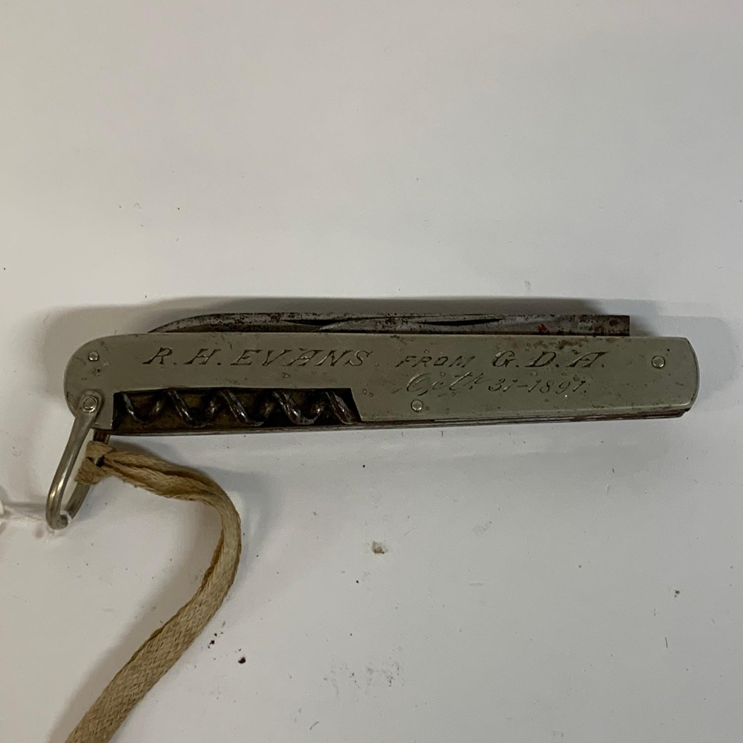 A late 19th century penknife, inscribed R H Evans from 'G G A Octr 31-1891', 15 cm over loop