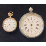 A lady's 10ct gold open face pocket watch by Waltham, 3 cm diameter, and a silver plated pocket