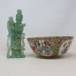 A Cantonese famille verte bowl, 24 cm diameter, and a carved hardstone figure holding an owl, 23