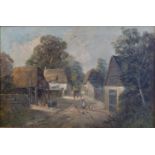 English school, early 20th century, a farm scene with figure and chickens, oil on canvas, 50 x 75 cm