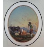 English School, 19th century, cattle, sheep and a farmworker, watercolour, Swan Gallery label verso,