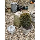 A white carved marble urn, 34 cm high, two composition stone pedestals, and two garden urns (5)