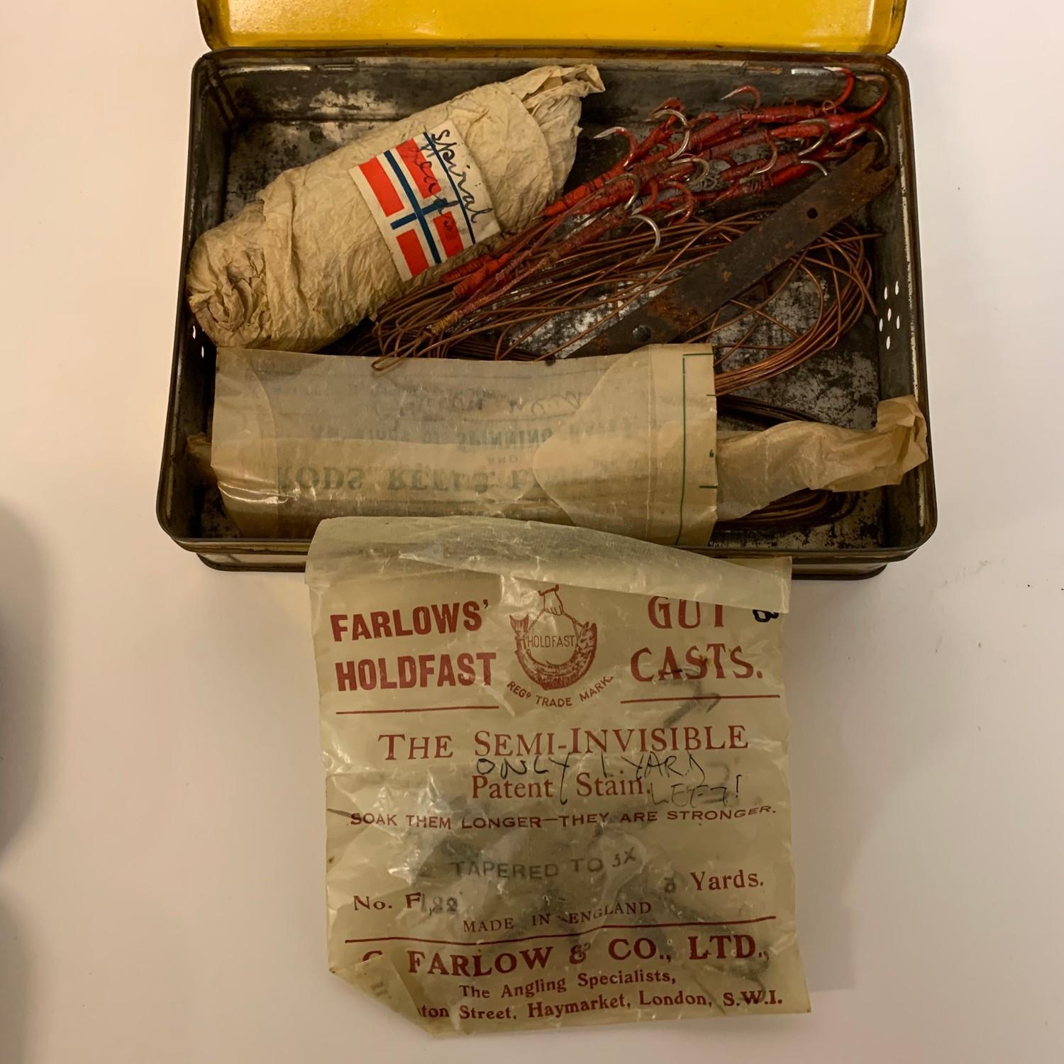 Assorted fishing lures, a leather reel box, a Hardy's cardboard box, various fly tins, and other - Image 4 of 10