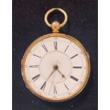 An 18ct gold open face pocket watch, 5 cm diameter 95g all in, lacking glass, dial cracked, not