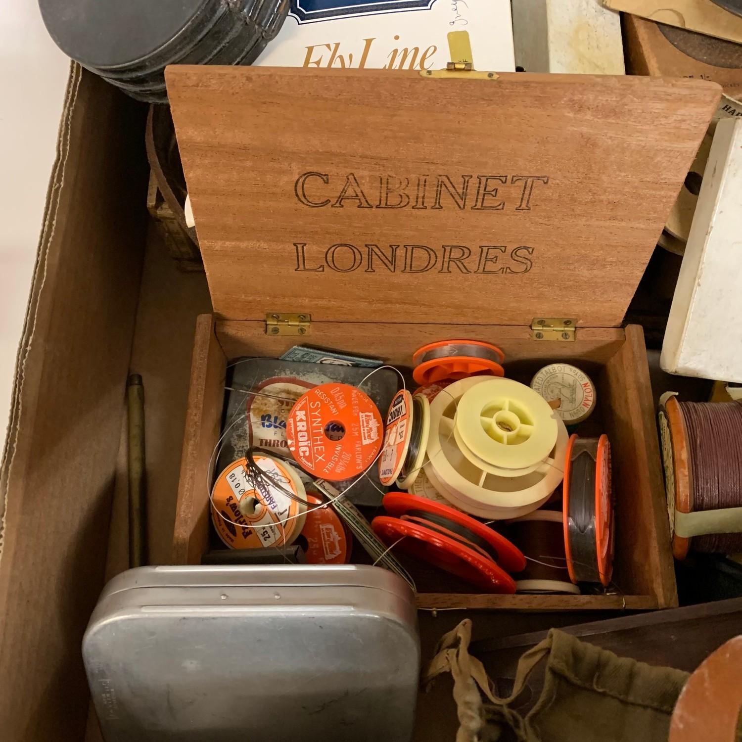 Assorted fishing lures, a leather reel box, a Hardy's cardboard box, various fly tins, and other - Image 9 of 10