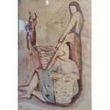Continental school, 20th century, female figures with baskets, mixed media, 42 x 35 cm