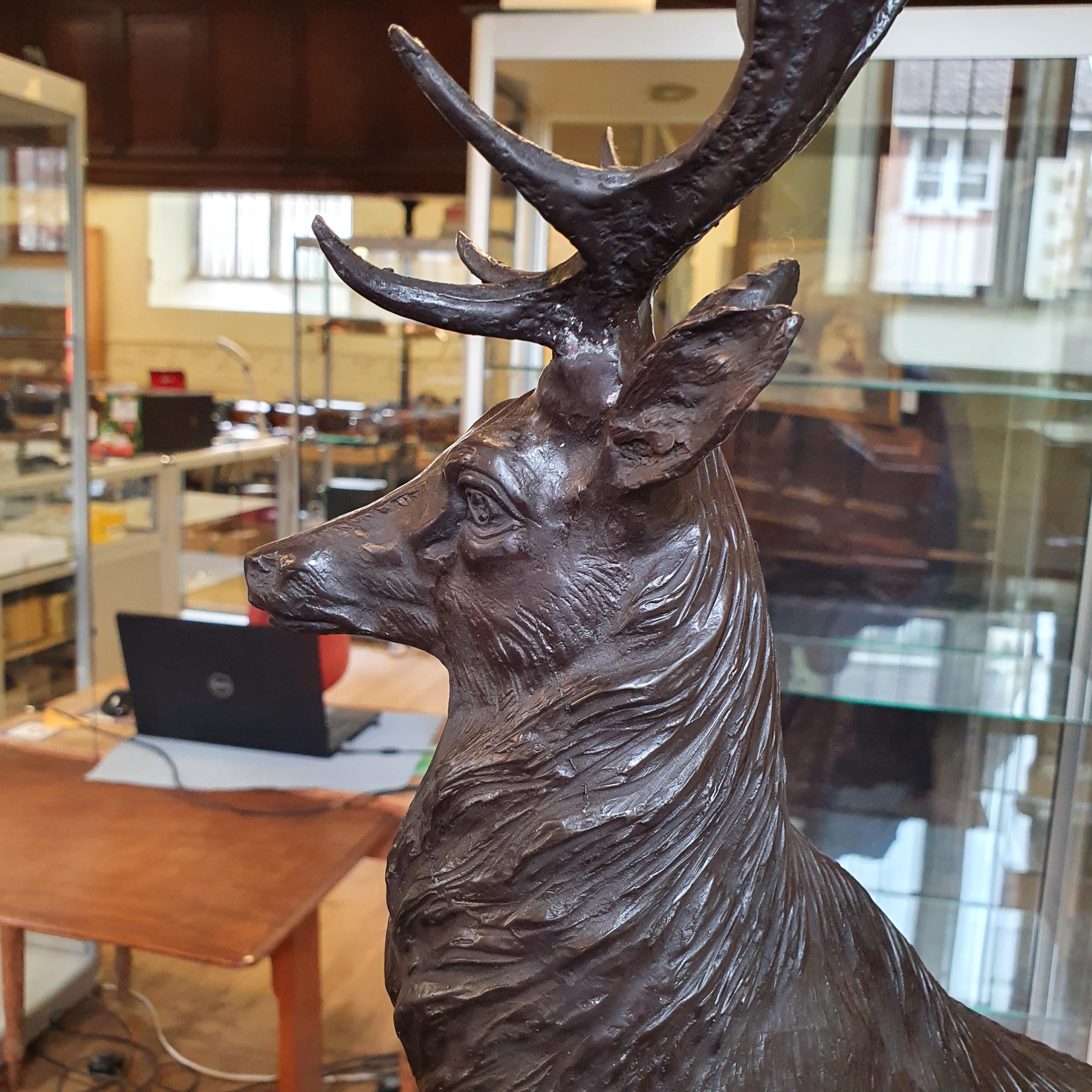 A large pair of bronze stags, on rocky mounts, with marble bases, the largest 74 cm high Modern - Image 5 of 6