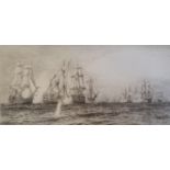 A William Lionel Wallie etching, Battle of Trafalgar, Trafalgar Gallery label verso, 20 x 40 cm