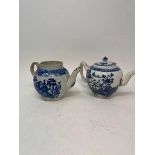 A blue and white teapot, with associated cover, and another teapot, some damages (2)