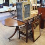 A mahogany dining table, two oak chairs, a mirror, pair of bedside cabinets and a cheese cupboard (