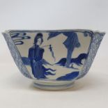 A Chinese porcelain bowl, of shaped square form, decorated figures in underglaze blue, six character