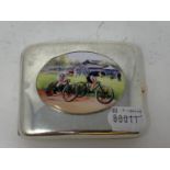 A silver cigarette case, later applied a plaque decorated cyclists racing