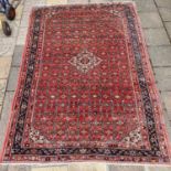 A Persian red ground carpet, with multiple borders, centered with repeating foliate forms, 307 x 212