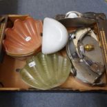 A set of six Art Deco frosted and coloured glass shell wall lamps, on chrome bases and another