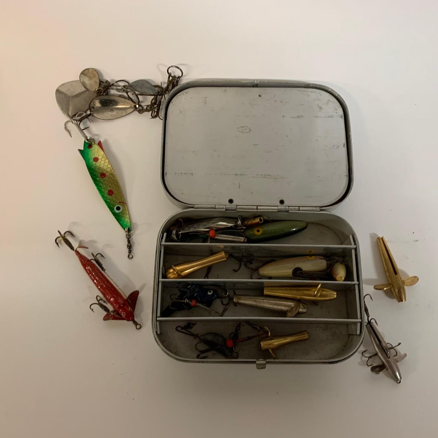 Assorted fishing lures, a leather reel box, a Hardy's cardboard box, various fly tins, and other - Image 6 of 10