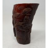 A carved horn libation style cup, 18 cm high Modern