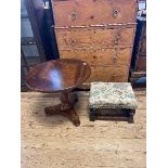 A walnut wine table, 56 cm diameter and an oak stool (2)