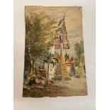 A temple scene, watercolour, initialed ERW, 44 x 29 cm, and various other pictures and prints and