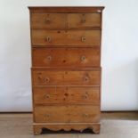 A pine chest on chest, top having two short and three long drawers, on a base with three drawers, 80