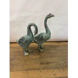 A pair of Japanese style bronze geese, 34 cm high