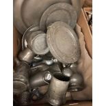 A pewter oval cover and various other pewter (box)