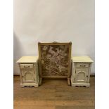 A pair of painted bedside cupboards, 47 cm wide and a 19th century firescreen, 82 cm wide (3)