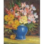 English School, still life of flowers, oil on board, 44 x 36 cm, a portrait print, 50 x 36 cm, a