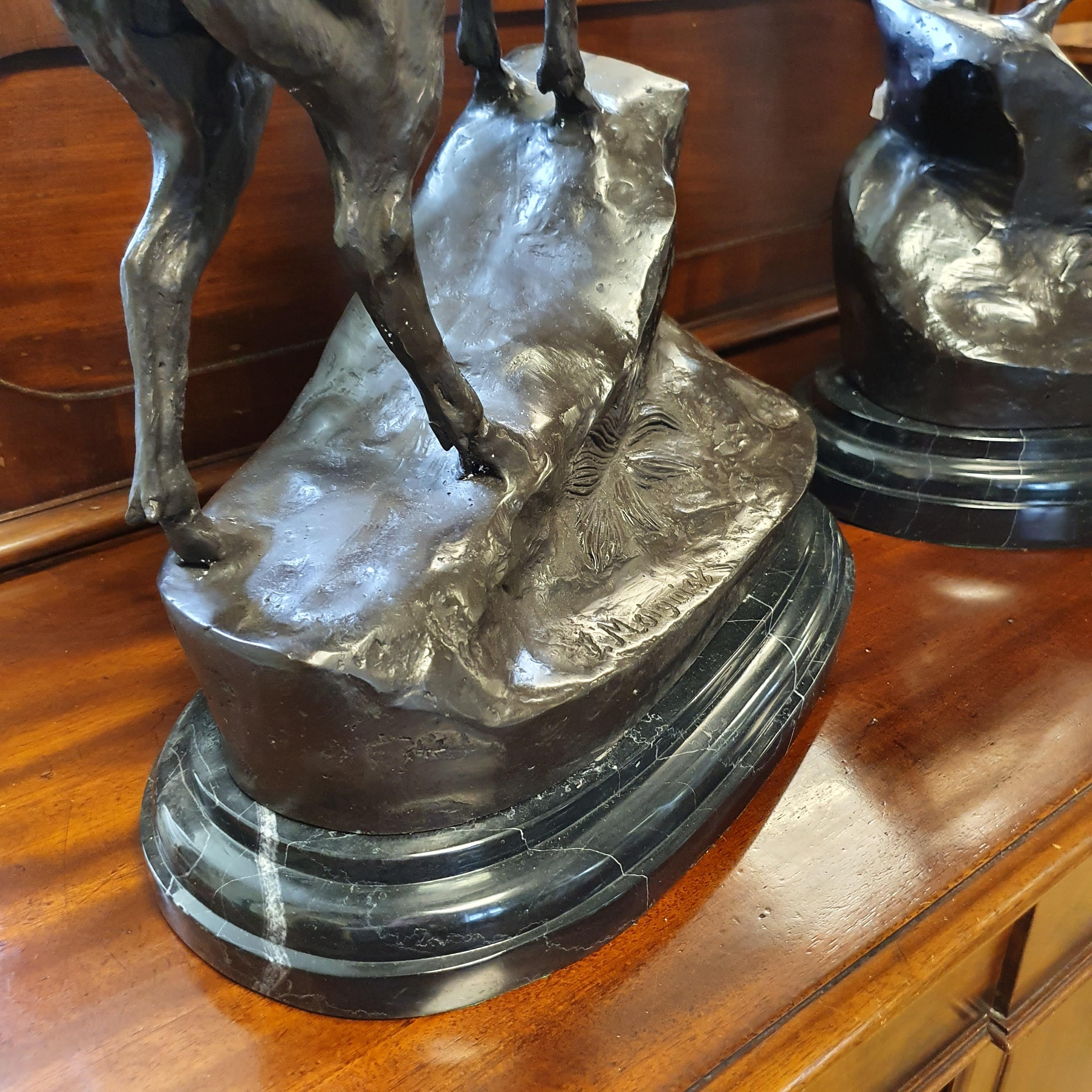 A large pair of bronze stags, on rocky mounts, with marble bases, the largest 74 cm high Modern - Image 3 of 6