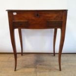 A Continental walnut work table, with hinged top, and two frieze drawers, raised on cabriole legs,